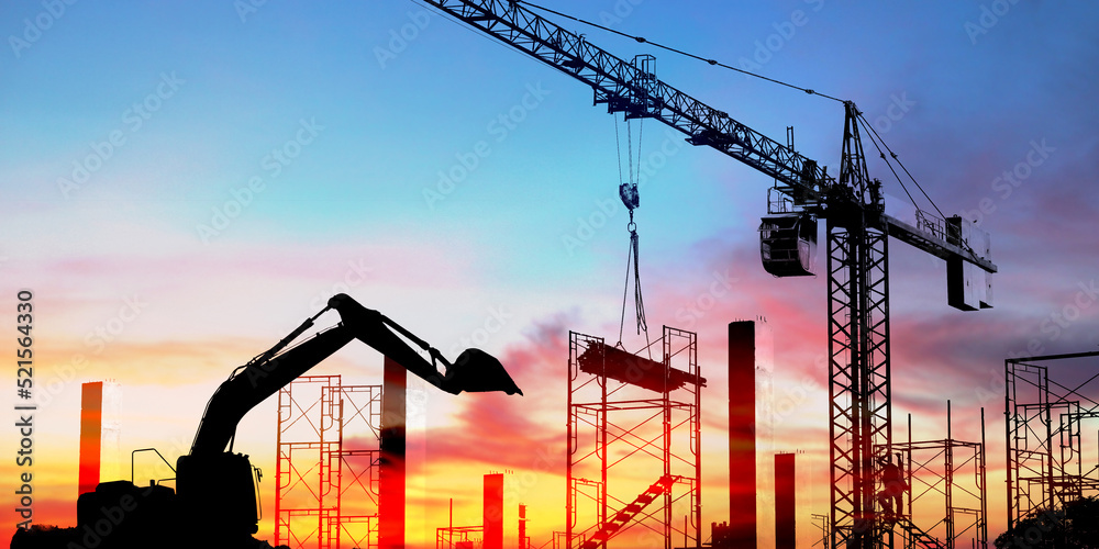 construction work on high ground heavy industry and safety concept over blurred natural background sunset pastel