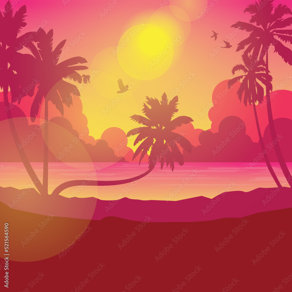 Landscape with coconut palm trees at sunset background ,Summer sale silhouette background.