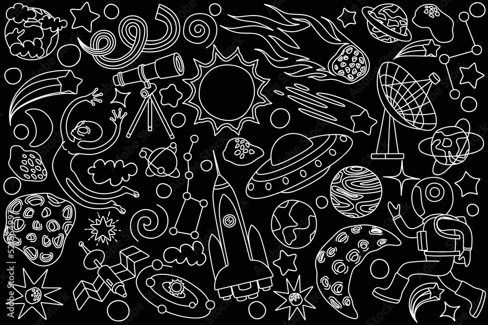 Naklejka premium Space doodles set. Astronomy. Cosmic sketches. Zodiac. Planets. Moon and stars. Sun. Spaceship. Meteor. Comet. Alien. Asteroid. Cosmic set. Constellation. Space stickers. Universe scribbles. Galaxy.