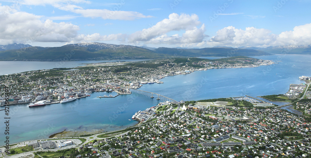 Panoramic view of Tromso city from Mt. Storsteinen in summer, northen Norway. A famous view from the top of fjellheisen, Tromso.