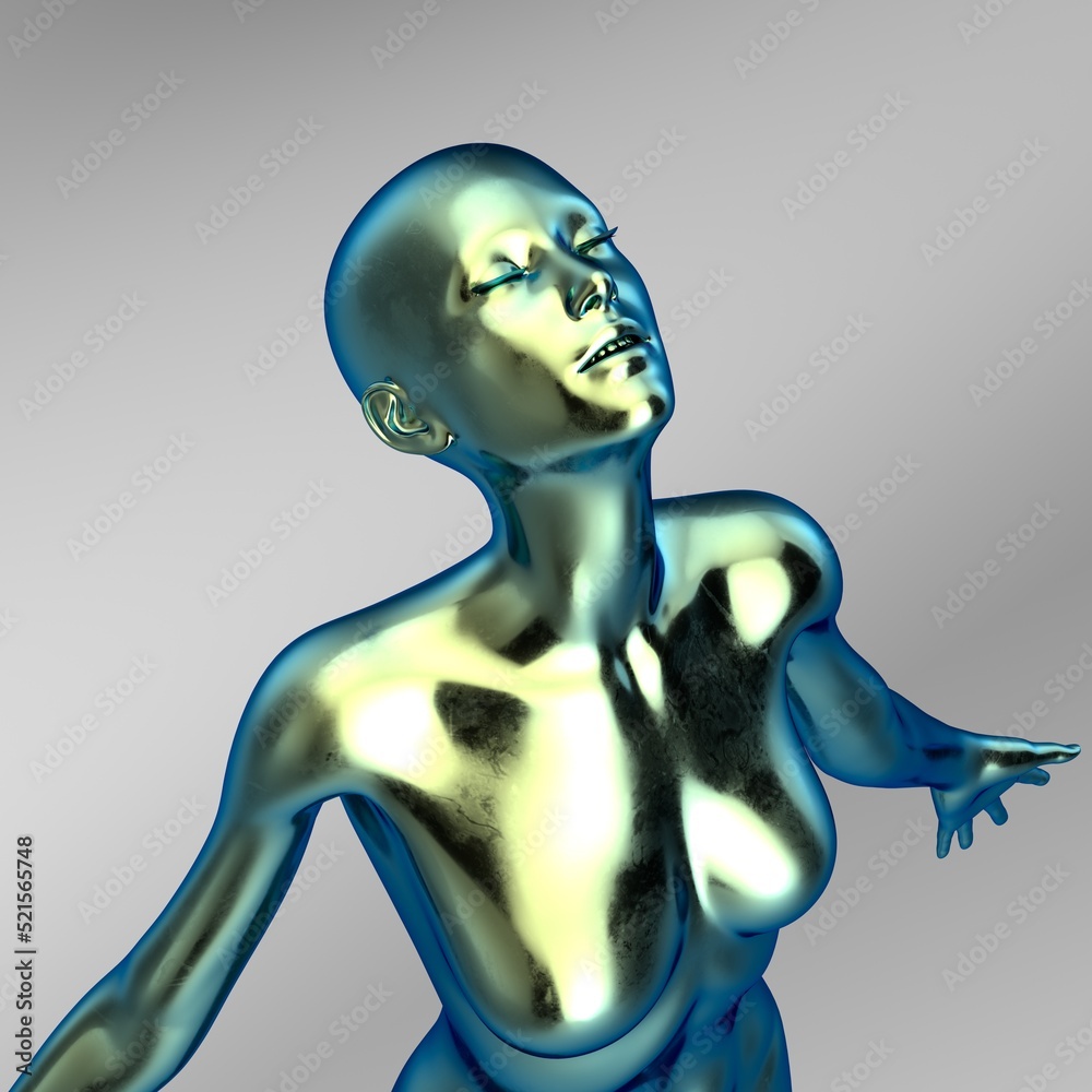 Iridescent Metallic Glossy Naked Woman Mannequin In A Freedom Pose 