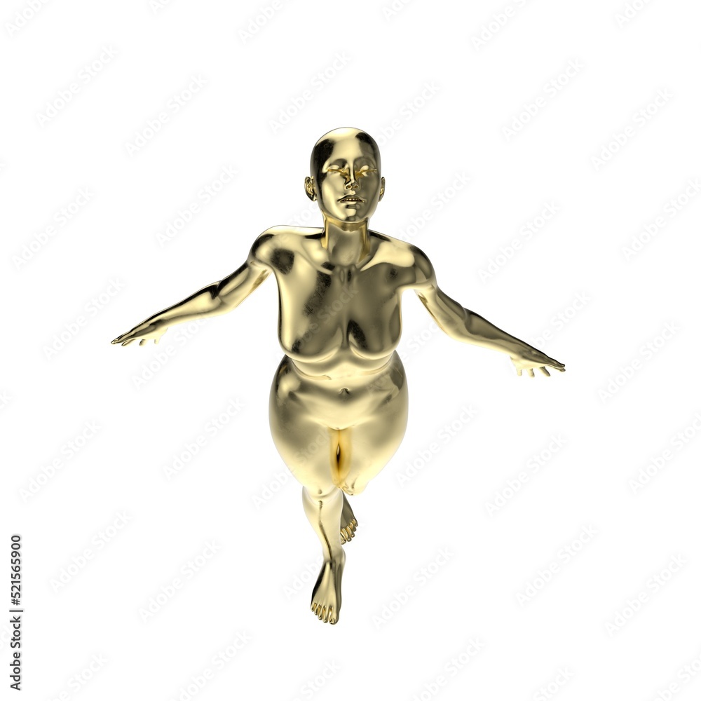 Metallic glossy naked woman mannequin in a freedom pose looking up with outreached arms - 3d illustration of a surreal futuristic technological artificial woman with gold color