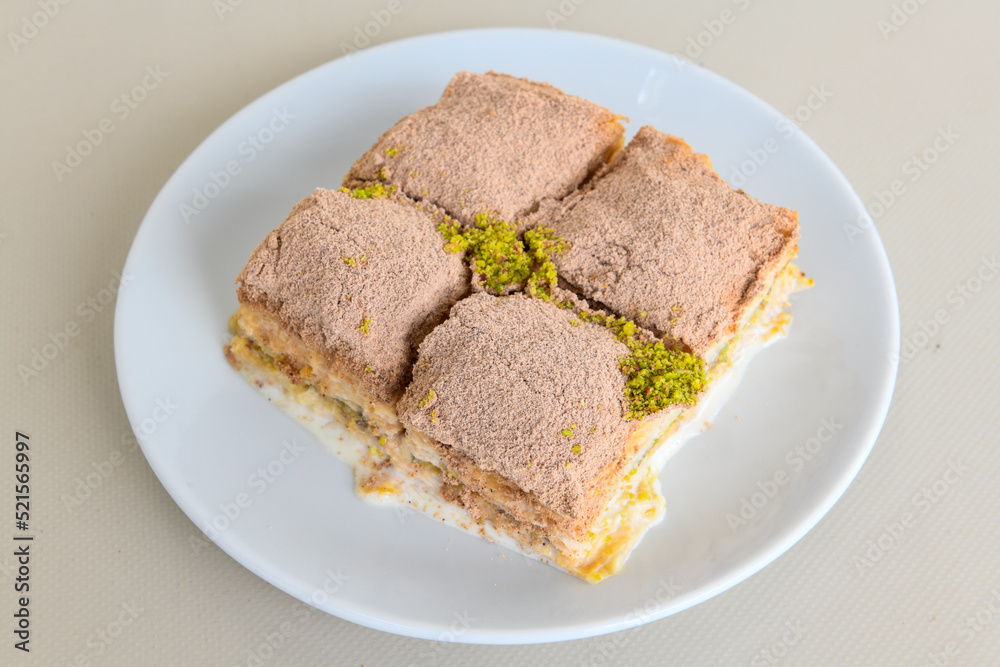 Pistachio baklava. Traditional Middle Eastern Flavors. Traditional Turkish baklava. Local name fistikli baklava