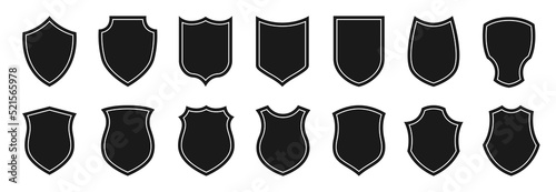 A set of vector badges and police stripes. Black isolated shields on a white background