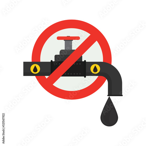 Pipeline in red stop circle, prohibition. Closed tap of pipe transporting oil or gas. Ban on trade of hydrocarbons. Sanctions, embargo concept. Valve with big black oil drop.