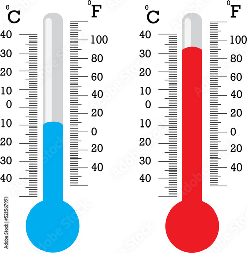 Two termometer show cold and heat. Vector in flat design

