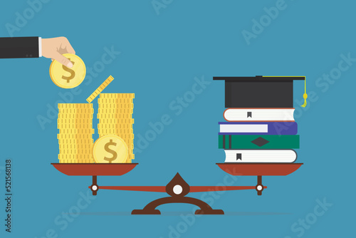 Hand puts gold coin on scales. Payment for education, tuition fees. Graduation hat, textbooks and money on scales. Purchase online courses, tutorials. Investment in education.