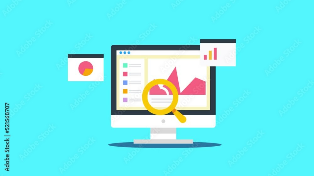 Marketing research and analysis data on computer screen, exploring new information with magnifying glass, video animation concept. Marketing research and analysis data on computer screen, exploring new information with magnifying glass, video animation concept.