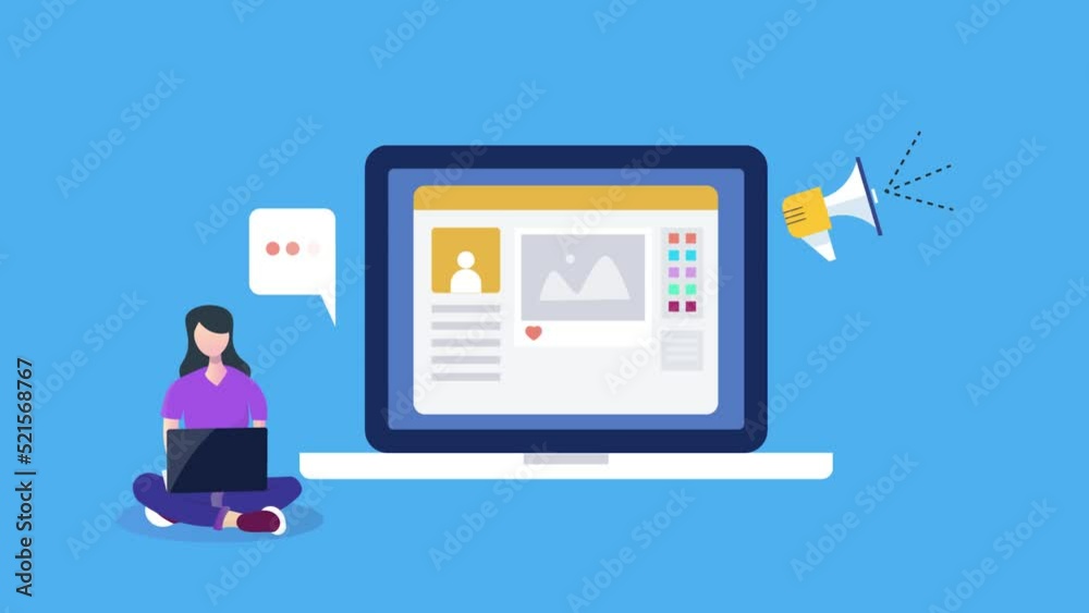 Female user browsing social media on laptop, video animation. Female user browsing social media on laptop, video animation.
