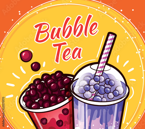 Bubble tea milk shake. Sweet smoothie logo, cocktail in cup, fruit and juice milkshake, dessert food. Dessert with tapioca balls ad. Promotional banner. Advertising poster. Vector flyer background