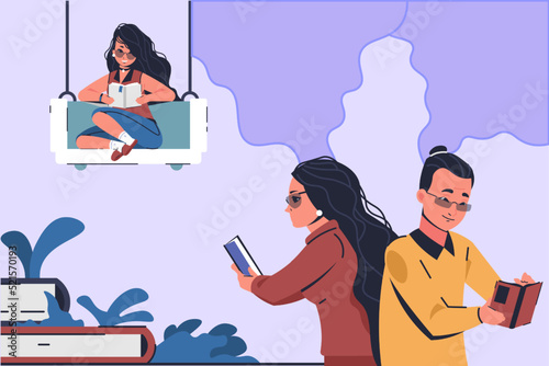 People love reading. Man and woman enjoying books. Literature lovers leisure. Students study in library. Fiction stories. Persons with textbooks. Vector read club or bookstore banner