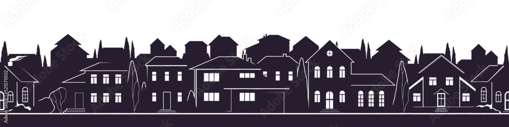 Village silhouette. Skyline row. Homes district. Suburb street community. Buildings with roofs, chimneys and windows. Town landscape. Black and white line city. Vector seamless border