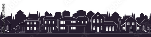 Village silhouette. Skyline row. Homes district. Suburb street community. Buildings with roofs, chimneys and windows. Town landscape. Black and white line city. Vector seamless border