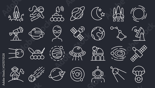 Line cosmos icons. Aerospace telescope and spaceship. Cosmic research. Spacecraft and satellite. Planet discovery. Cosmonaut in space. Asteroid or comet. Vector black astronomy signs set