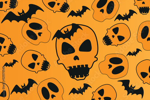 Ilustración Halloween calaveras y murciélagos con fondo anaranjado