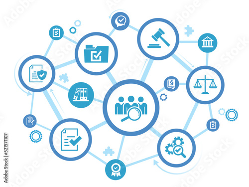 compliance icon concept: corporate mission or compliance policy or ethical management values connected icons
