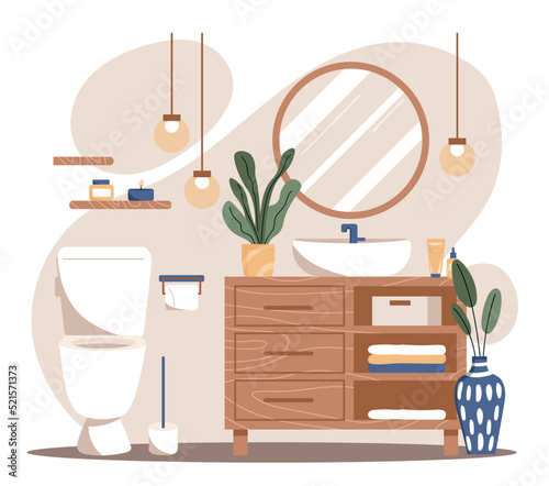 Modern bathroom interior. Minimalist furniture and plumbing, mirror. Graphic elements for website, poster or banner. Toilet and bath, furniture indoor concept. Cartoon flat vector illustration