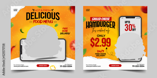 Social media food template, Restaurant social media square banner template for business promotion