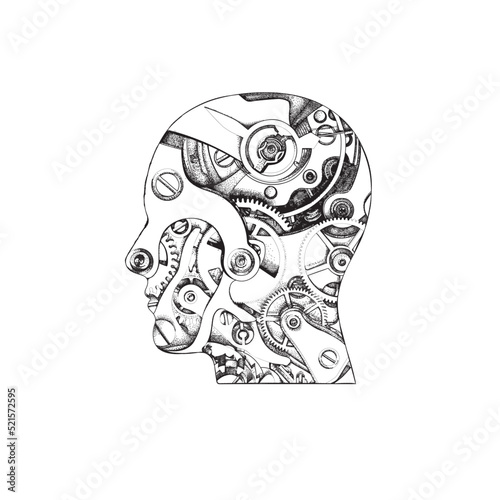 hand drawn steal and mechanic technology head illustration 
