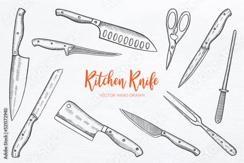 Kitchen knife set collection with hand drawn sketch vector