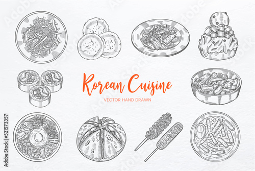 Korean cuisine set collection with hand drawn sketch vector