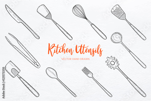 Kitchen utensils set collection with hand drawn sketch vector