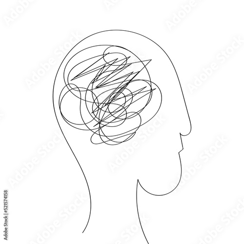 Vector. The concept of anxiety and stress. The flow of thoughts, emotions, consciousness. Illustration for coaching, psychoanalysis, therapy. Line drawn in doodle style