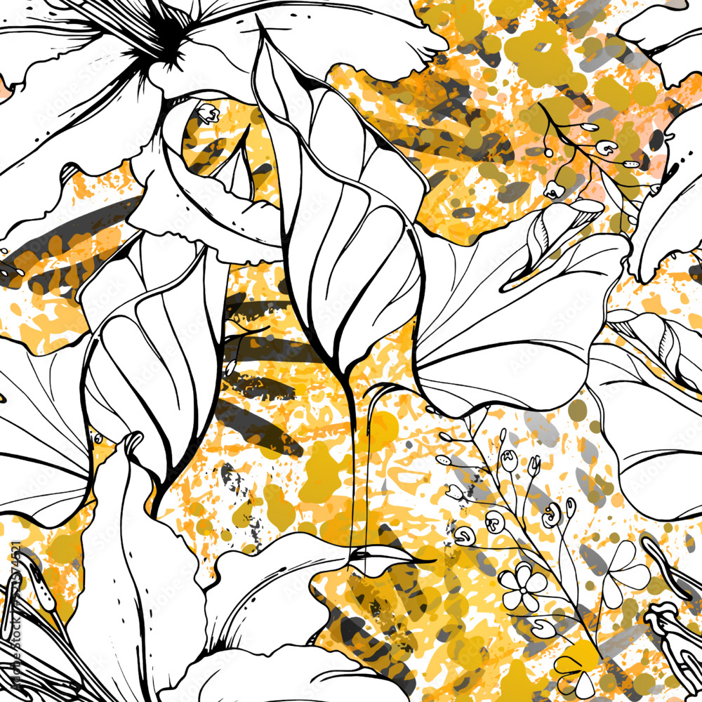 Fototapeta premium Floral Black White Pattern. Modern Watercolor