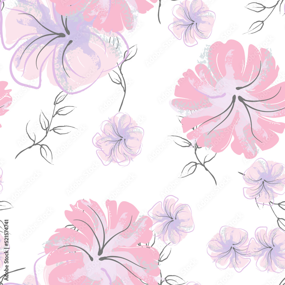 Pink Flowers Blooming Pattern. Pastel Watercolor. Pink Flowers Blooming Pattern. Pastel Watercolor.