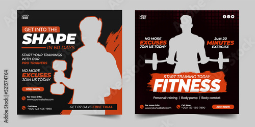 Fitness social media post design template. Gym social media banner template design