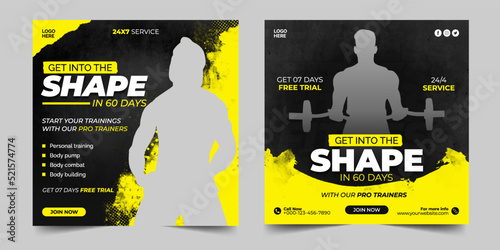 Fitness social media post design template. Gym social media banner template design