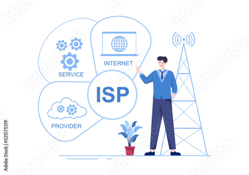 ISP or Internet Service Provider Cartoon Illustration with Keywords and Icons for Intranet Access, Secure Network Connection and Privacy Protection