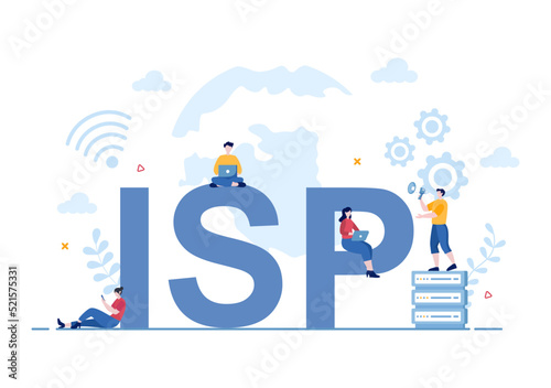 ISP or Internet Service Provider Cartoon Illustration with Keywords and Icons for Intranet Access, Secure Network Connection and Privacy Protection