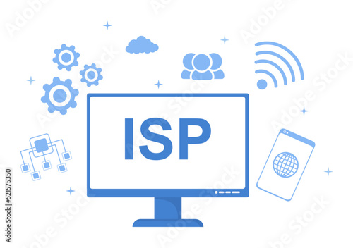 ISP or Internet Service Provider Cartoon Illustration with Keywords and Icons for Intranet Access, Secure Network Connection and Privacy Protection