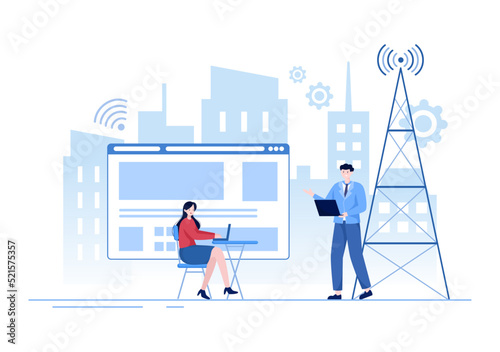 ISP or Internet Service Provider Cartoon Illustration with Keywords and Icons for Intranet Access, Secure Network Connection and Privacy Protection