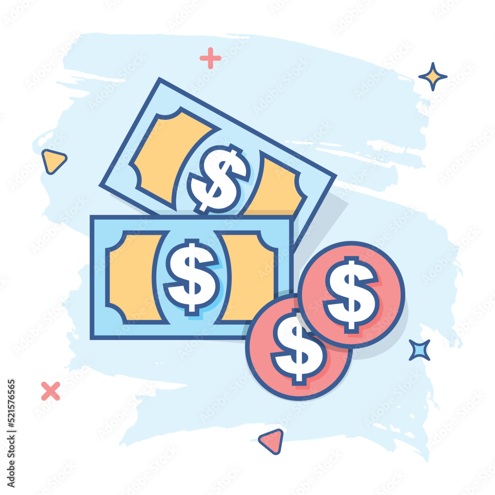 Cartoon money icon in comic style. Dollar money sign illustration pictogram. Coin splash business concept. Cartoon money icon in comic style. Dollar money sign illustration pictogram. Coin splash business concept.