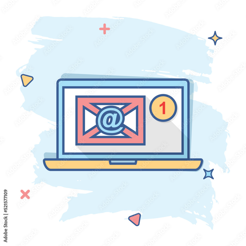 Vector cartoon email envelope message icon in comic style. Mail sign illustration pictogram. Laptop computer business splash effect concept.
