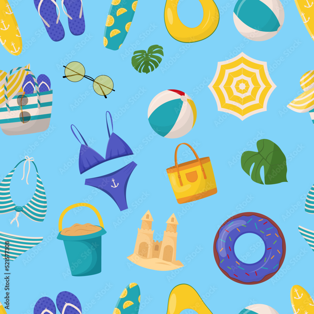 Set of cute summer elements: surfboard, cocktail, bag, hat, palm tree, bikini, flip flops, beach umbrella, ball, sand castle, lifebuoy. Summer seamless pattern