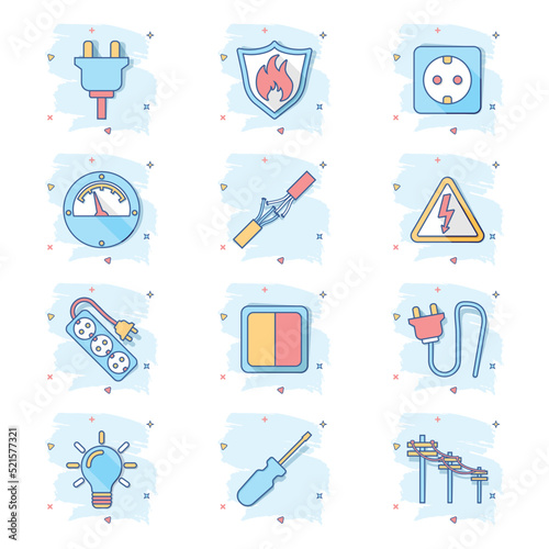 Vector cartoon high voltage power lines icon in comic style. Electric pole sign illustration pictogram. Power line business splash effect concept.