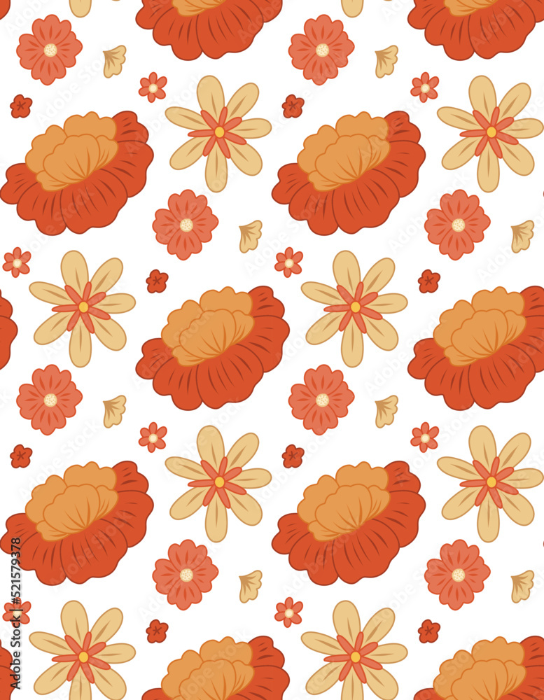 Obraz premium Vector seamless retro pattern with red groovy flowers on white background with ditsy. Floral old fashioned background for fabrics and wallpapers.