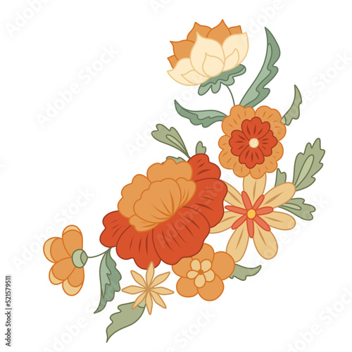 Vector groovy flower angle composition. Floral hippie corner clipart. Retro bouquet isolated from the background.