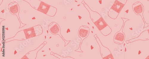 Valentine's day banner with wine bottle, glass and hearts