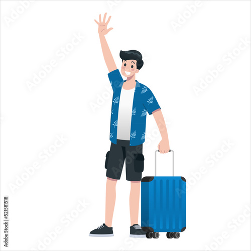 Young happy man tourist flat cartoon character. Traveling male people on summer vacation trip, Isolated on white background.