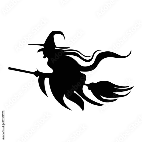 Halloween witch on a flying broom white background, witch shadow