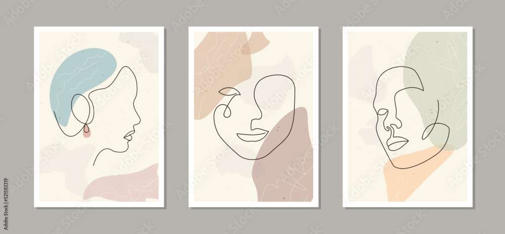 Set of Abstract minimalistic women faces and elegant art background with different shapes for print, cover, wallpaper. Trendy linear style and natural wall decoration art. Female Vector illustrations. Set of Abstract minimalistic women faces and elegant art background with different shapes for print, cover, wallpaper. Trendy linear style and natural wall decoration art. Female Vector illustrations.
