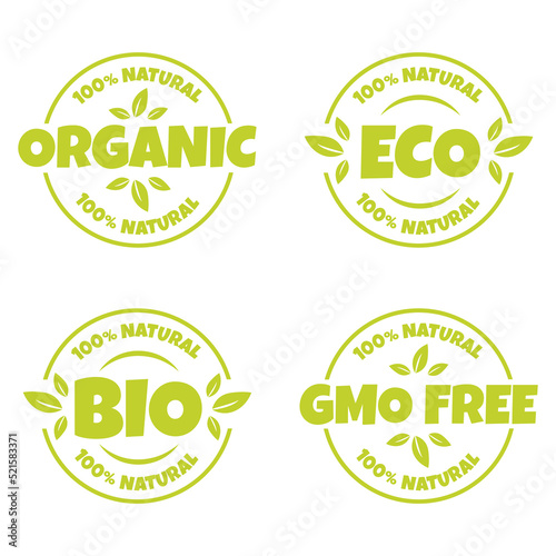 Organic, eco, bio, natural and gmo free products sticker, label, badge and logo.
Ecology icon. Logo template with green leaves for organic and eco
friendly products. Vector illustration isolated on wh