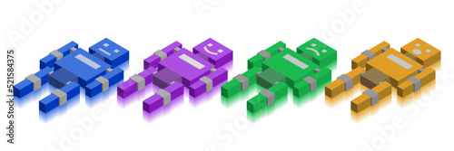Vector set of low polygonal 3d square multicolor lying flat abstract simple little men with different emotions on a white background. Indifference, smile, anger and surprise