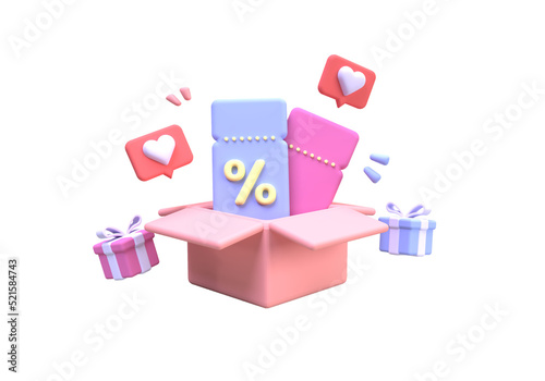 Coupon with gift box and a percentage sign for a bargain purchase online business idea concept background