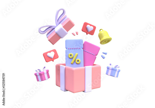 Coupon with gift box and a percentage sign for a bargain purchase online business idea concept background
