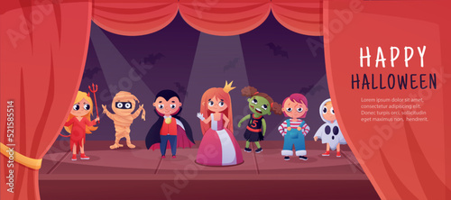 Halloween kids costume party. Autumn holiday background. Happy vampire character in event. Witch and princess on stage with theater curtain. Monster and zombie. Vector illustration banner
